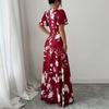 Women's Fashionable Round Neck Short Sleeved Floral Print Waist Cinched Bohemian Dress