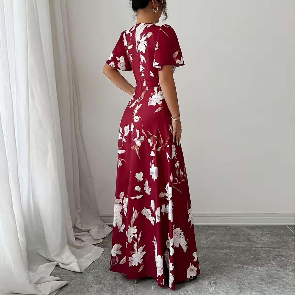 Women's Fashionable Round Neck Short Sleeved Floral Print Waist Cinched Bohemian Dress