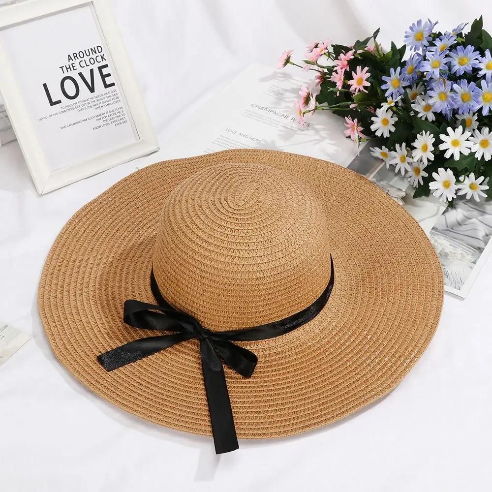 Summer Big Wide Brim Foldable Visors Beach Hat Summer Bow Cap Straw Cap Sun Hat