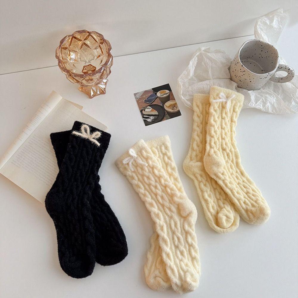 Bowknot Coral Fleece Socks Screw Thread Mid Tube Socks Women Comfortable Floor Plush Socks  Autumn