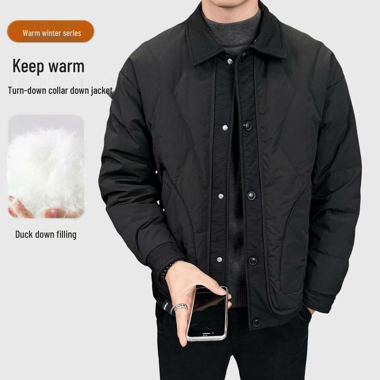 

Men s Trendy 2025 Lightweight Lapel Down Jacket - Warm, Short, Thickened Winter Coat L (Approx. 60-67.5 kg)