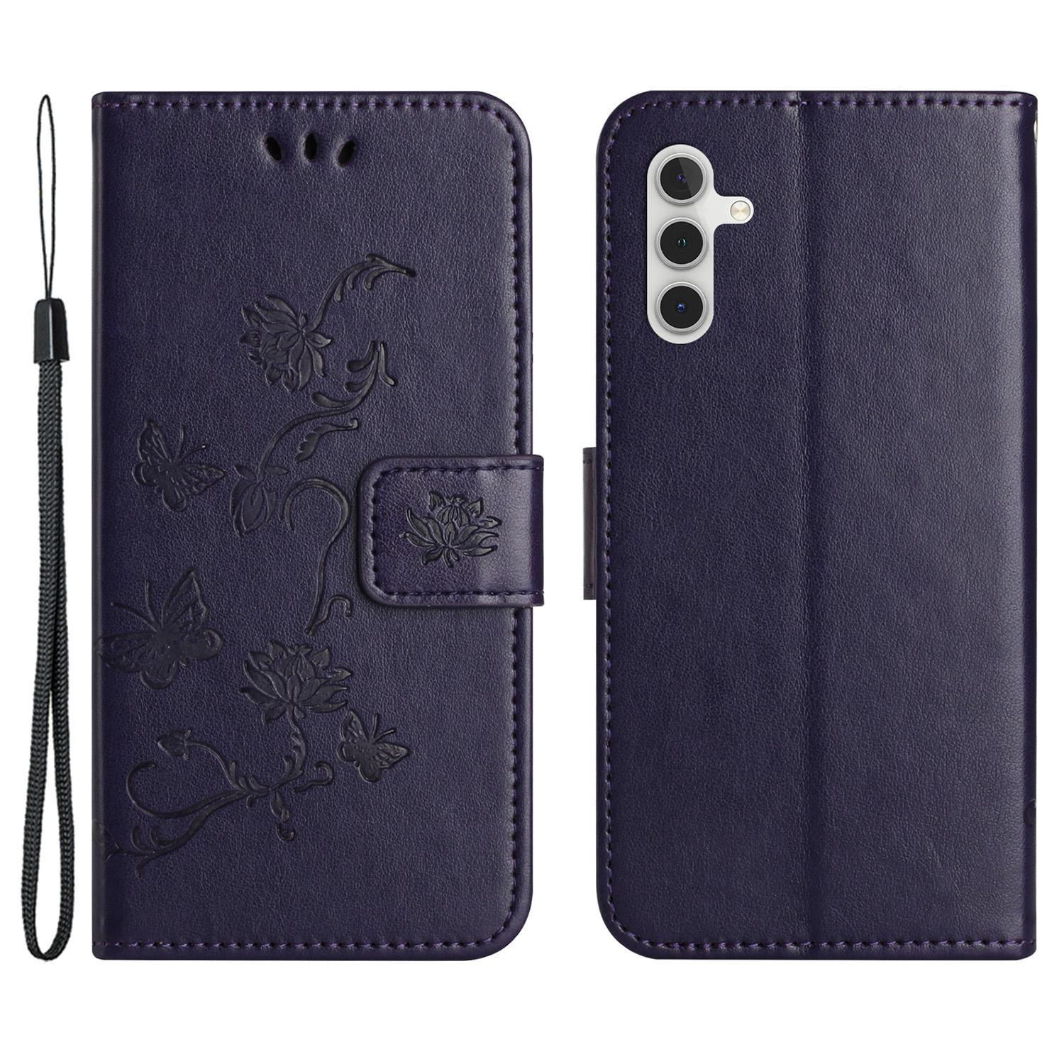 

For Samsung Galaxy S25+/S24+ Case Butterfly Flower Imprint Leather Wallet Phone Cover Dark Purple