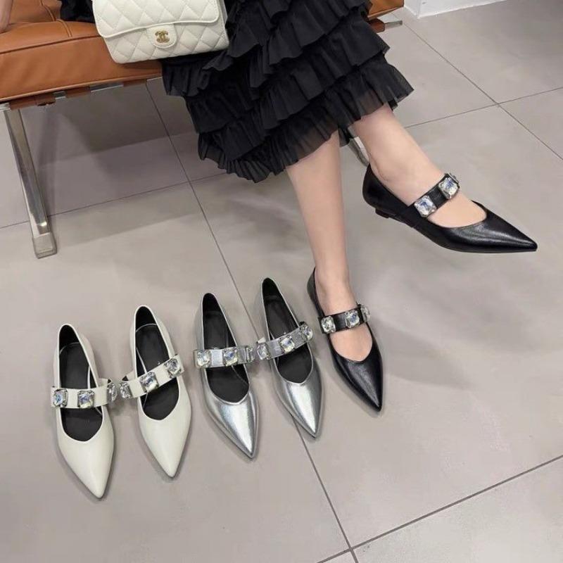 Fashion Pointed Toe Women Mules Ballet Dance Loafers 2024 New Arrivals Black Brown Silver Metal Chain Casual Sandals Belt Buckle