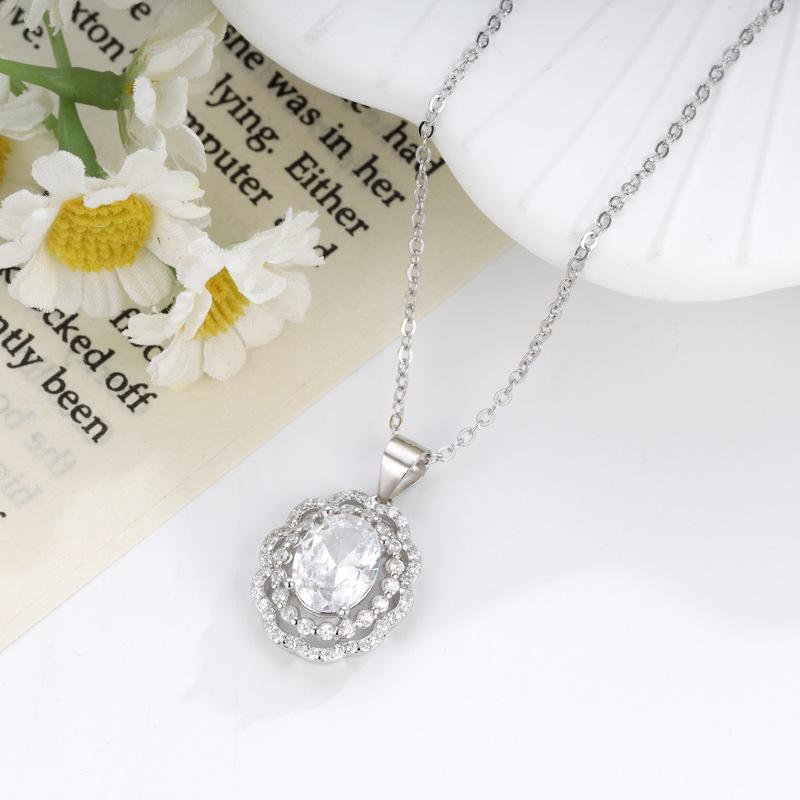 European & American Style S925 Oval Zircon Necklace: Versatile High-End Geometric Gemstone Pendant for Women