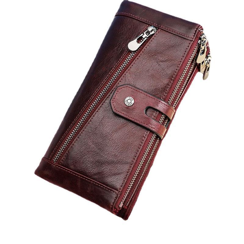 Triple Layer Zipper Women Long Wallet Old Fashioned Genuine Leather Ladies 3 Fold Coin Purse RFID Anti-theft Money Clips Card Holder Bag for Wife Gift