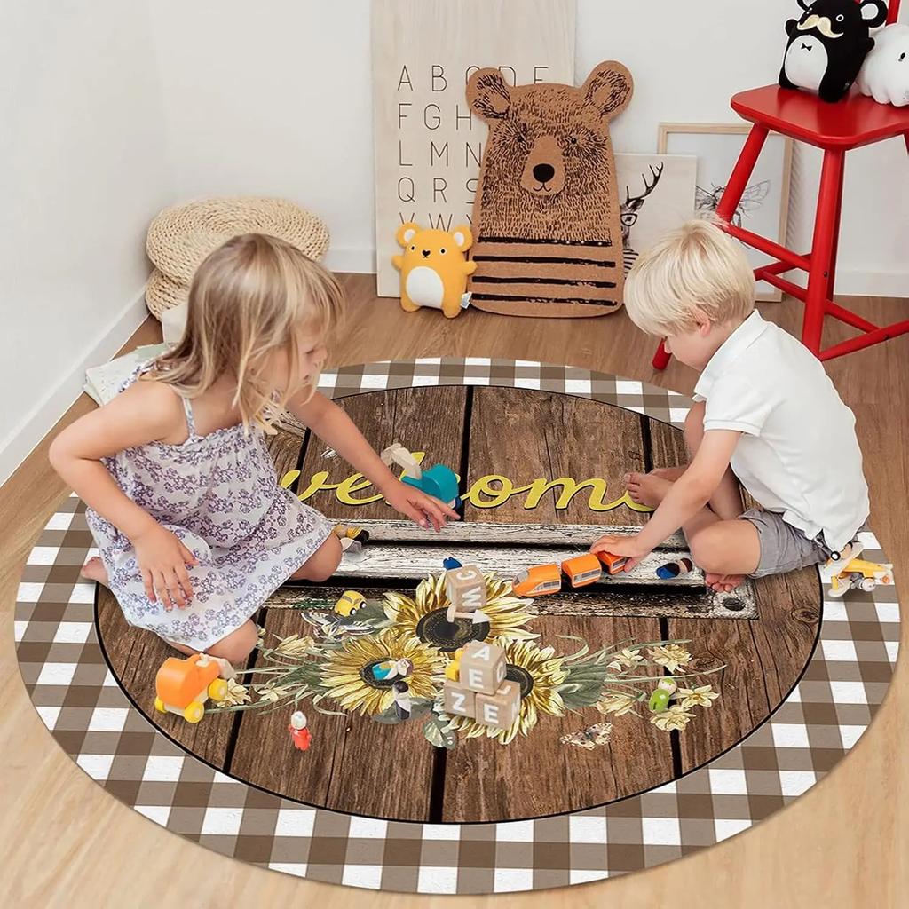 Welcome Sunflowers Round Area Rugs Collection Circular Throw Rug Floor Mat Carpet for Living Room Dining Table Bedroom Decor