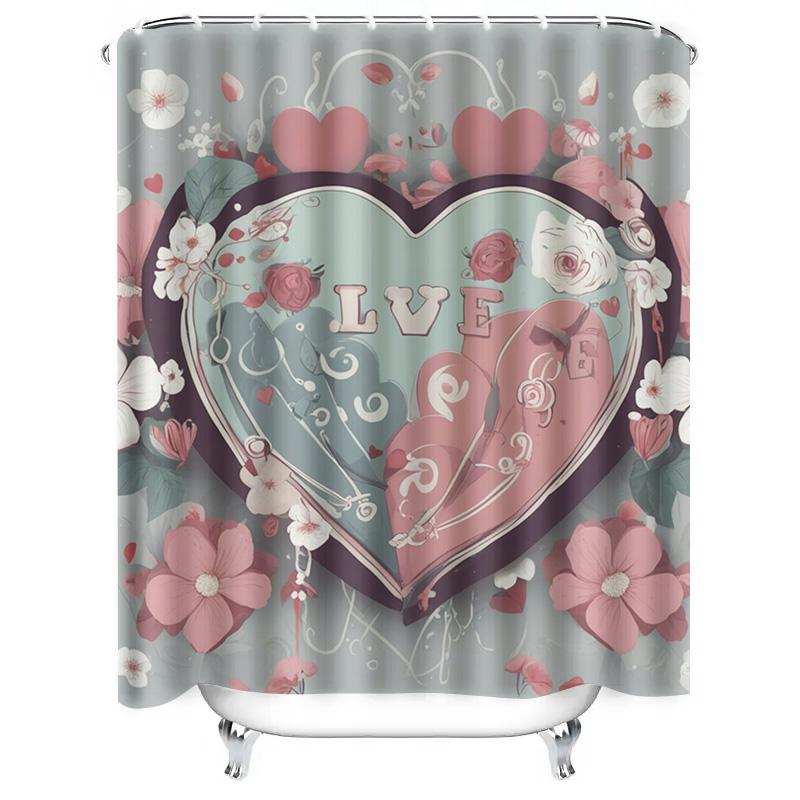 Romantic Love Heart And Floral Print Shower Curtain For Bathroom Decor