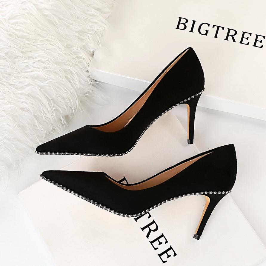 Fashion 2025 New Summer Fashion Women 8cm Or 10.5cm Thin High Heels Pumps Metal Black Pumps Studded Flock Pumps Ladies Valentine Shoes