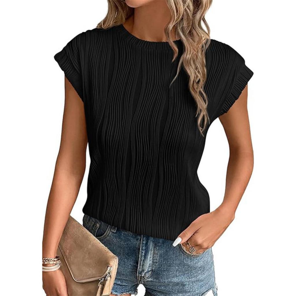 New Women's Solid Textured Loose Crew Neck Short Sleeve T-shirt Top, Casual Summer Tops for Women, European American Style