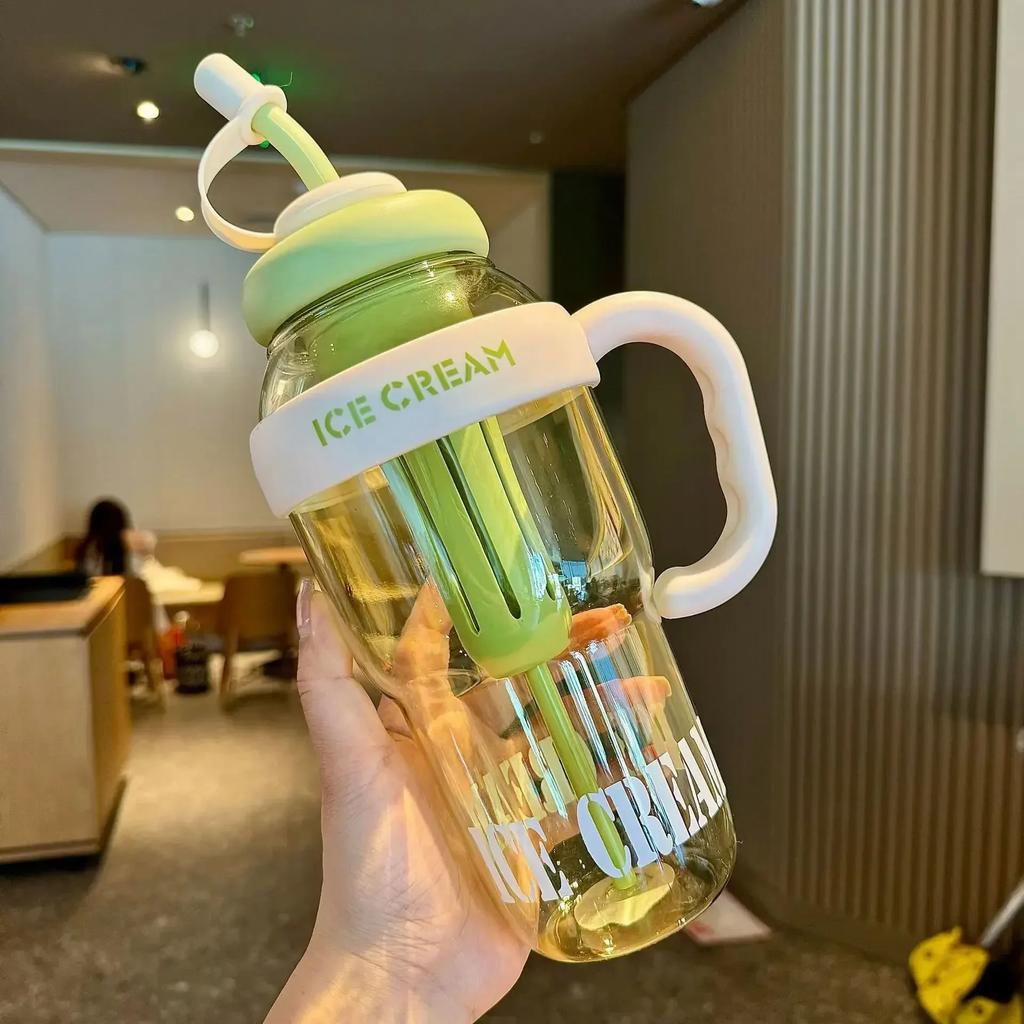 Large Capacity Plastic Water Bottle with Straw Cute Belly Tea Mug Drinking Cup Portable Kettle for Travel, School & Home Office
