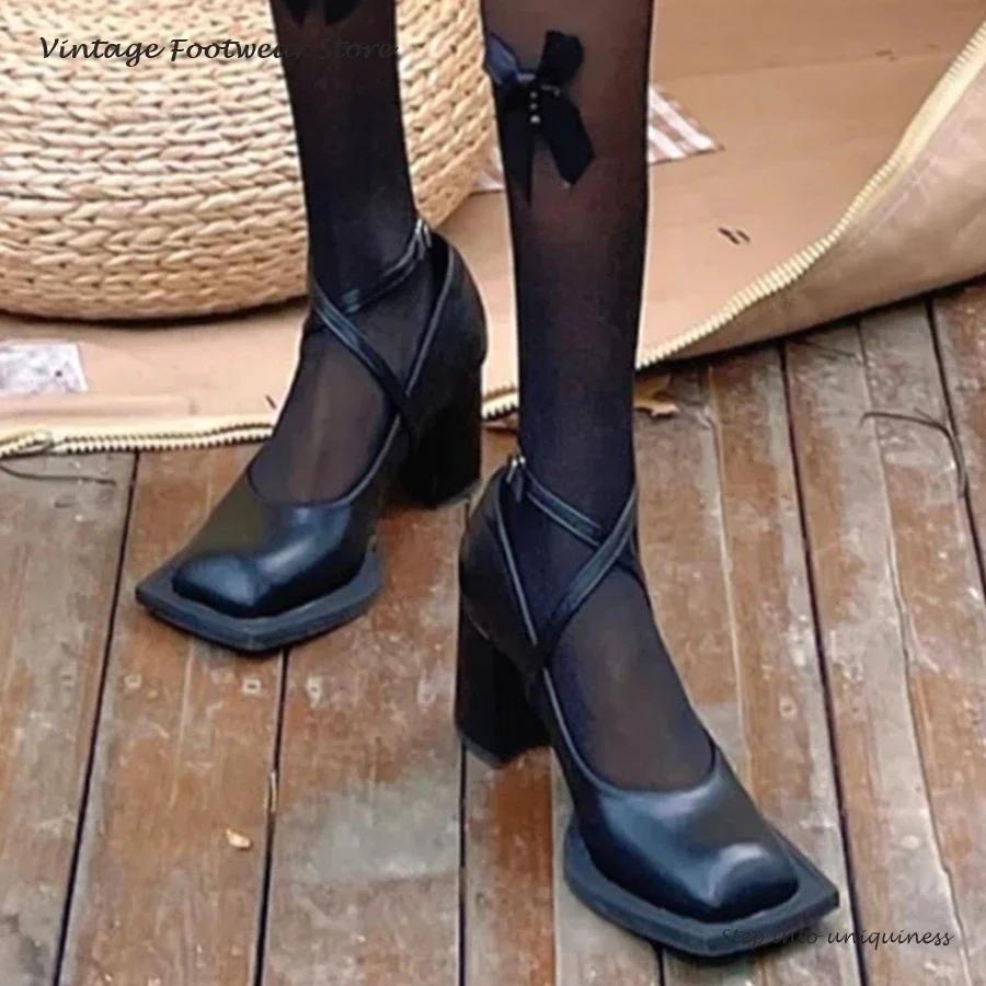 

Женские винтажные черные туфли Мэри Джейн, туфли в британском стиле для девочек с квадратным носком и блочным каблуком, весенне-осенние ретро туфли-лодочки с перекрестным ремешком 34 чёрный