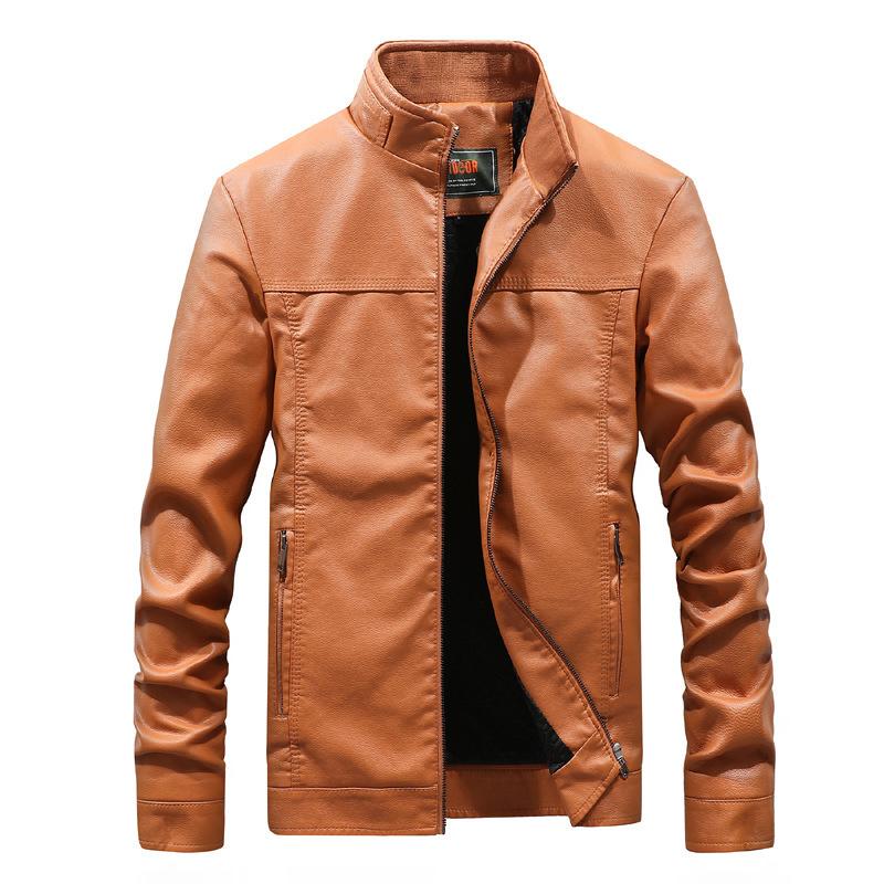 Large Size Leather Coat Autumn and Winter Solid Color Stand Collar PU Leather Jacket Casual Motorcycle Wear Thickened Coat