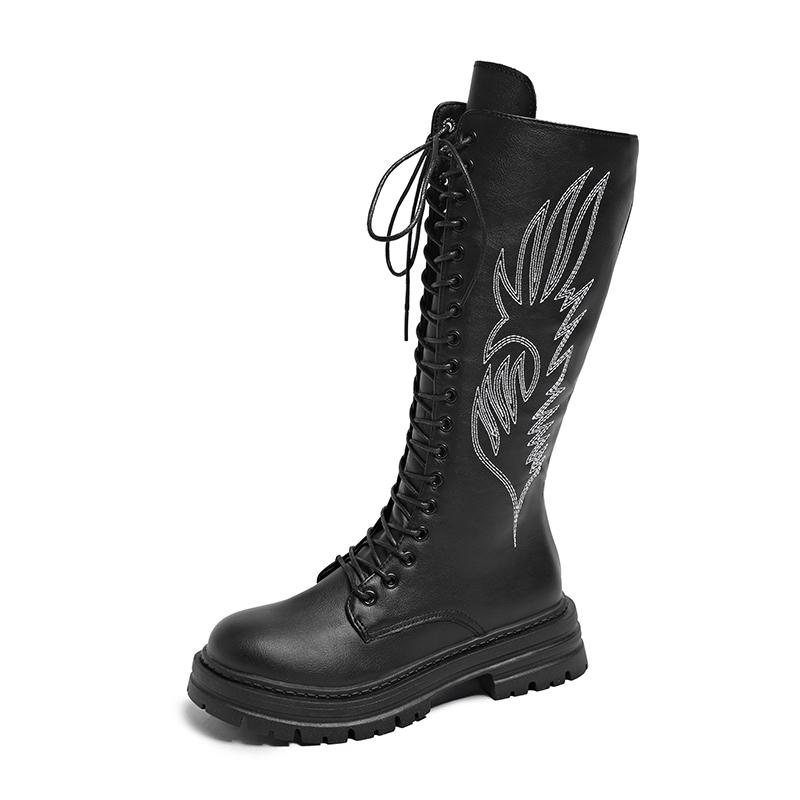 Botas de Tacón de Bloque Bordadas de Caña Media Moda Punta Redonda con Cordones Plataforma Antideslizantes Resistentes al Desgaste Cremallera Calzado