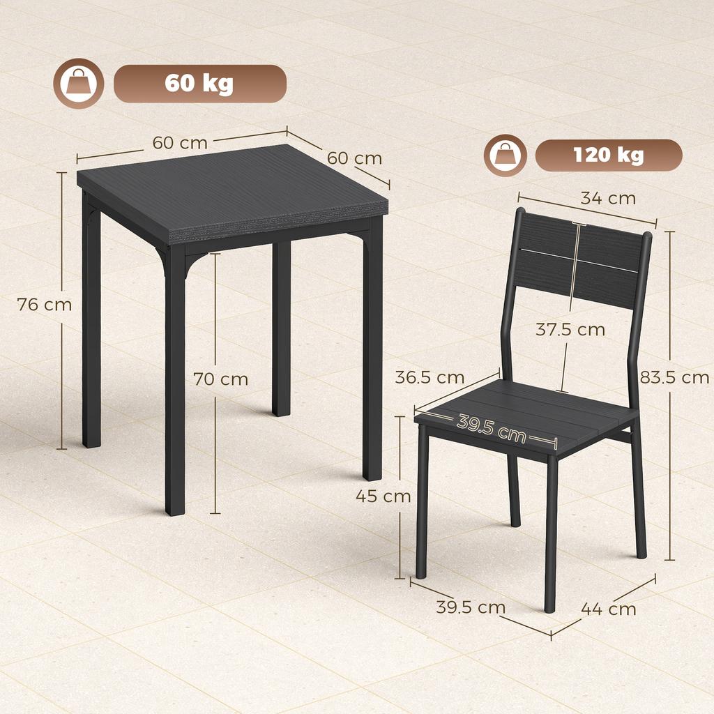 3 Piece Space-Saving Kitchen Table and Chairs, Dining Table Set for 2 with Metal Legs, Black Wood Effect