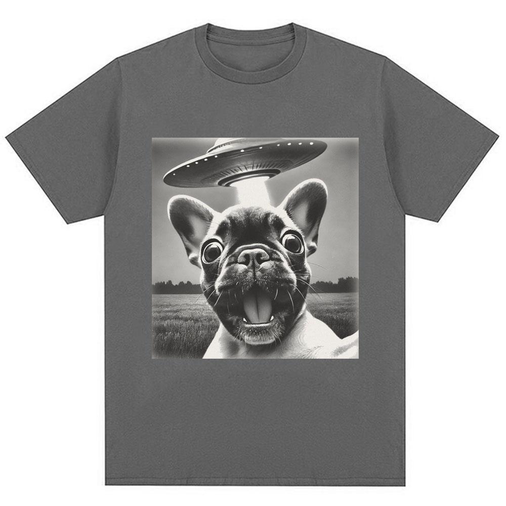 Francouzský buldoček UFO Vtipný meme Grafické tričko Vintage móda Muži Ženy Krátký rukáv Nadměrná velikost Bavlna Letní trička Streetwear