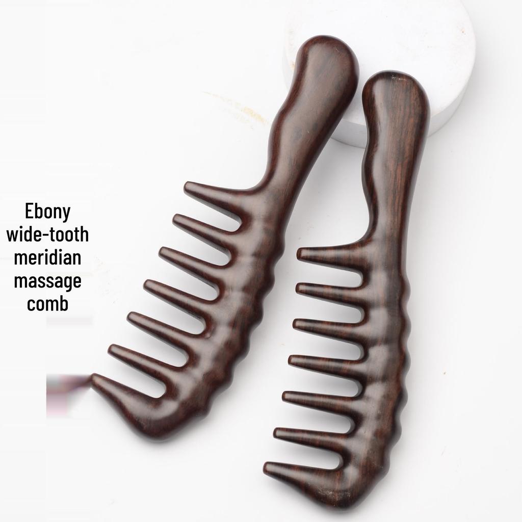 Ebony Ash Wood Wide-Tooth Meridian Massage Comb with Round Drum Handle