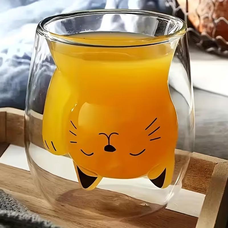 Cute Kitten Glass Coffee Mug, Double-Walled Glass Milk Mug. Perfect For Breakfast, Coffee, Juice, Or As A Holiday Gift