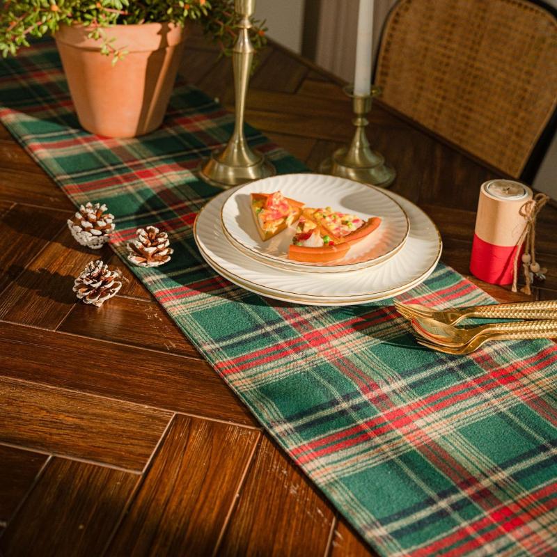 1pc Christmas Plaid Table Runner Cotton Linen Double Layer for Home Dinner Decor