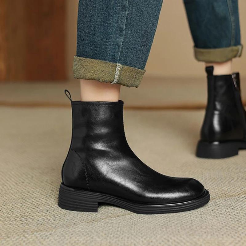 Fashion NEW Winter Women Boots Round Toe Chunky Heel Shoes Split Leather Shoes for Women Concise Warm Plush Ankle Boots Zip Modern Boots