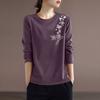 Spring and Autumn Women's Pullover Round Neck Plant&Flowers Printed Butterfly Contrast Long Sleeve T-shirt Underlay Elegant Tops