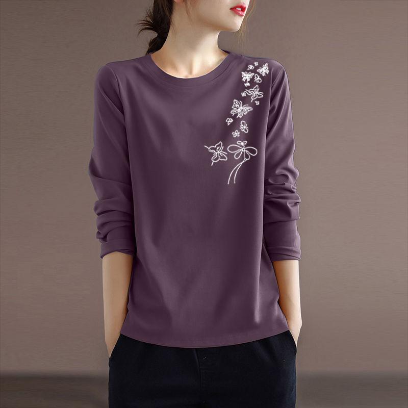 Spring and Autumn Women's Pullover Round Neck Plant&Flowers Printed Butterfly Contrast Long Sleeve T-shirt Underlay Elegant Tops