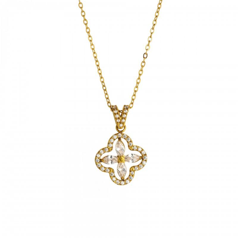 Stainless Steel Four Leaf Clover Jewelry Set Women Elegant Zirconia-Embellished Bracelet Necklace Ring Combo Lightweight