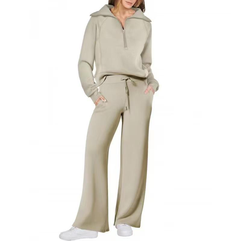 European and American Women's Oversized Half-Zip Sweatshirt with Wide-Leg Sweatpants Set.