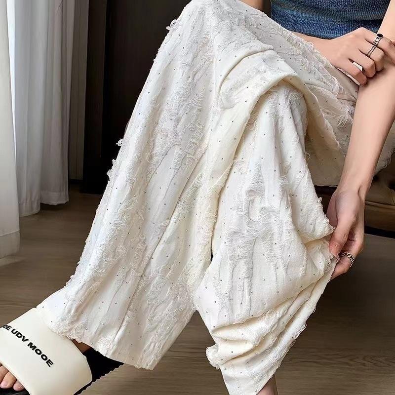 Y2k Streetwear Diamonds Wide-legged Pants Grunge Hole Women Clothing High Waisted Baggy Straight Pants Design Chic Trouser