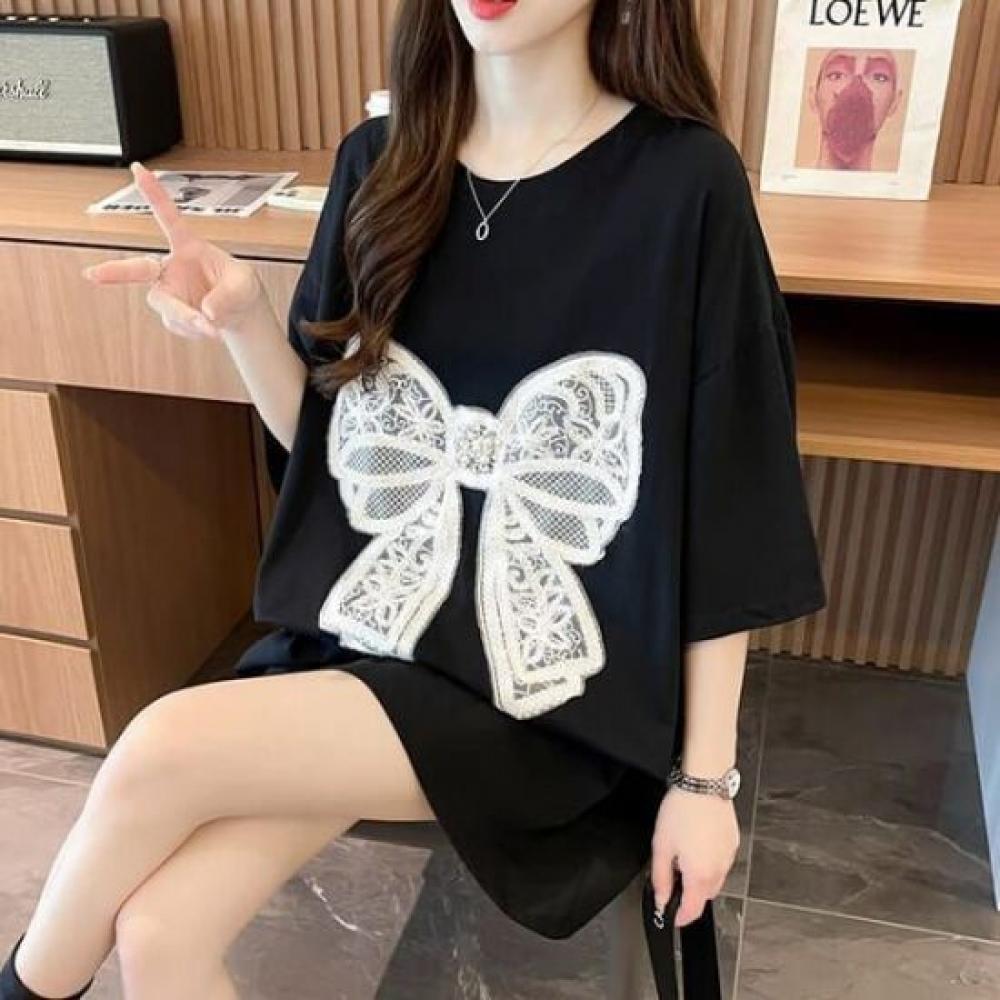 Navava Women Lace Ribbon Loose FiT ShorT Sleeve T shirT nT2530