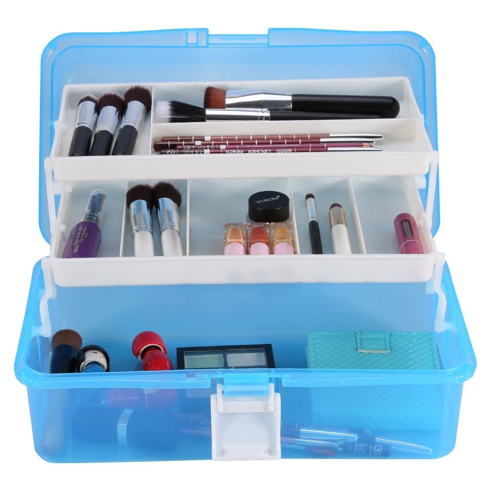 Blue Color Cosmetic Tools Container With Handle Buckle Craft Storage Case For Home Travel