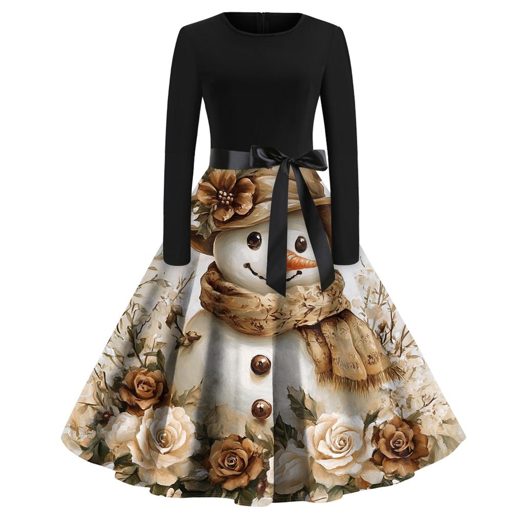 Women's Fashion Round Casual Slim Fit Christmas Print Large Swing Long Sleeve Dress