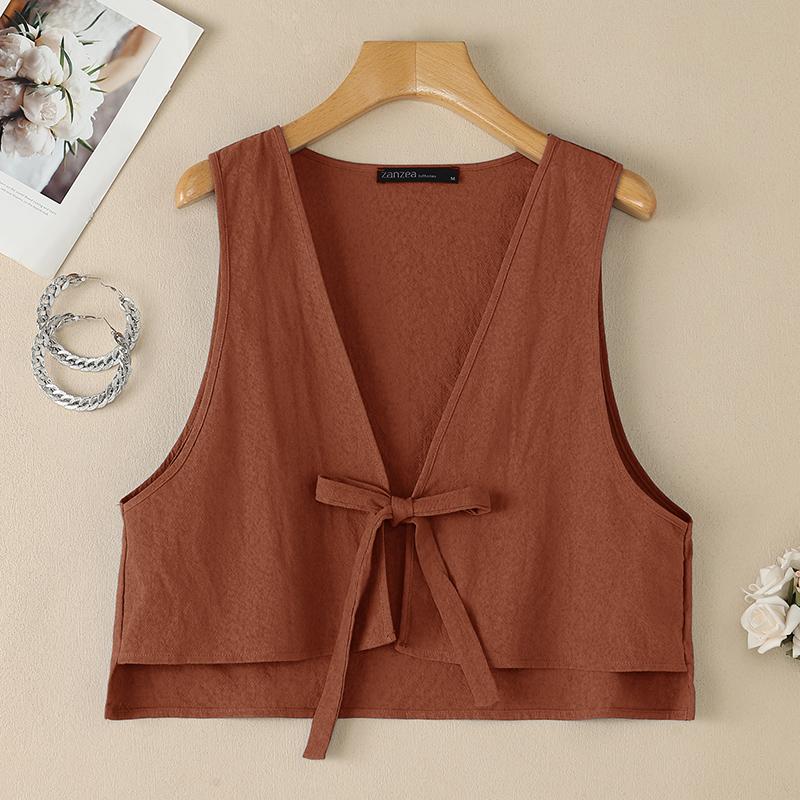 ZANZEA Women Lace-up V-Neck Sleeveless Casual Cardigans Vest Tops