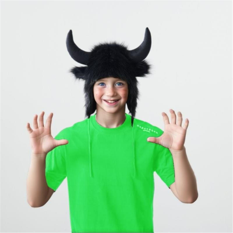 Funny Plush Hat With EarFlaps Bull Horn For Winter Outdoor Activity Cold Weather Head Protectors Halloween Headpiece