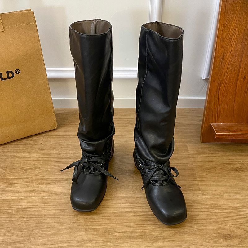 French Thick Heel Tube Circumference Trouser Tube Stacking Boots Women's Boots Autumn and Winter Wear Versatile Retro Bow Maillard Boots