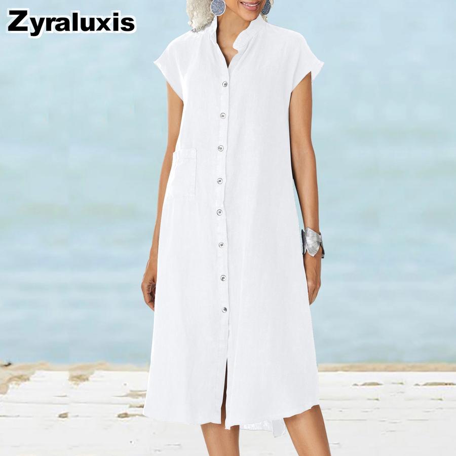 New Stand Collar One-Button Cotton Linen Pocket Oversized Dress Shirt Dress