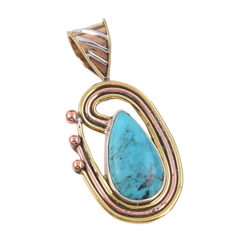 Natural Tibetan Turquoise Gemstone 925 Solid Silver Two Tone Pendant 1.50" Q1e10