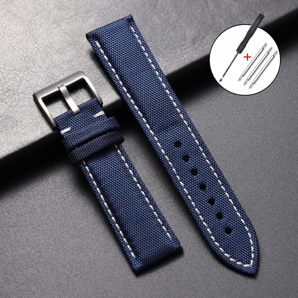 Correa de Reloj de Lona 22mm 24mm Correa de Reloj de Nylon y Cuero Impermeable para Seiko para Omega Pulsera Deportiva Cinturón con Costura Hecha a Mano