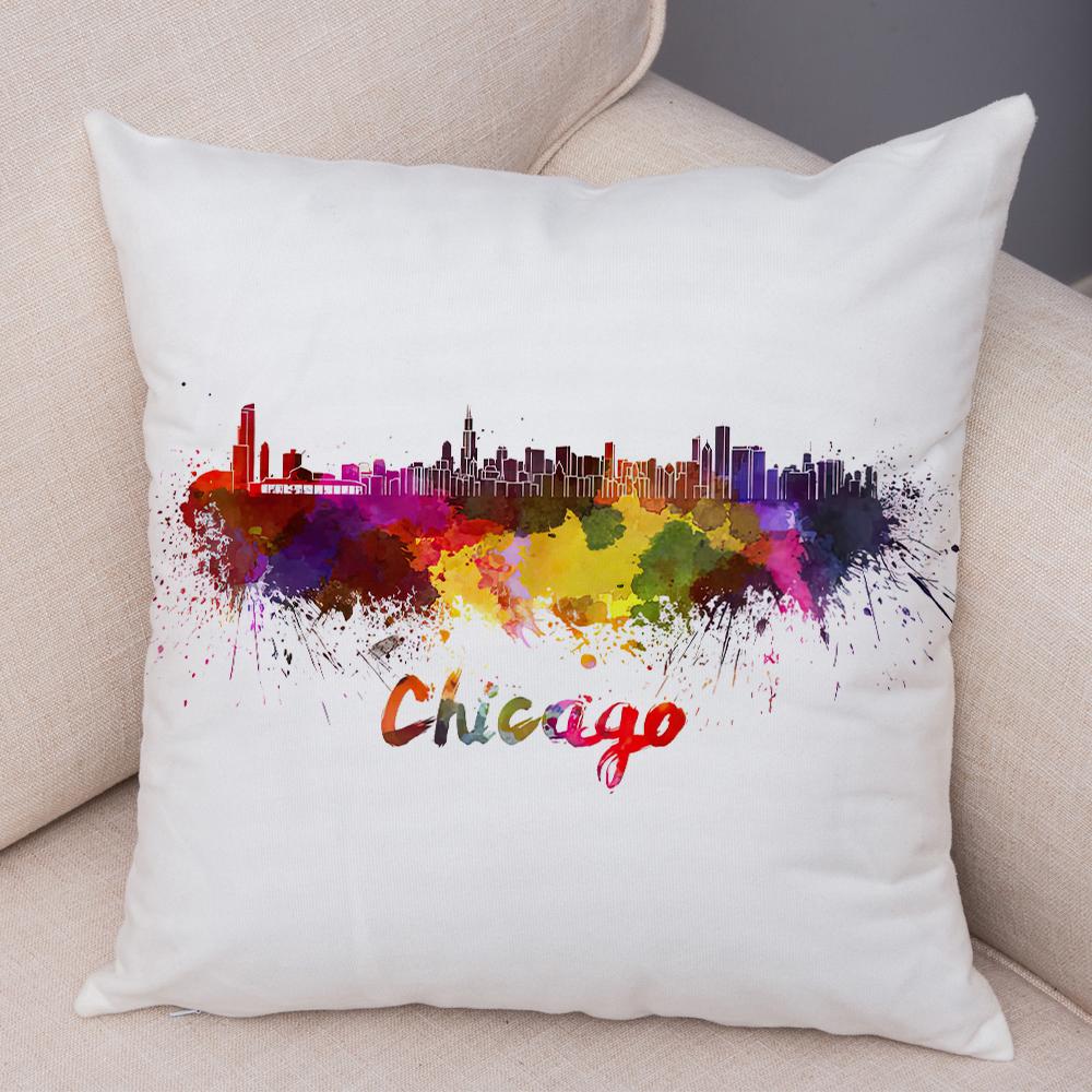 Watercolor City Skyline Cushion Cover Global Landmarks Art Print Soft Linen Living Room Bedroom Home Decor Pillow Case
