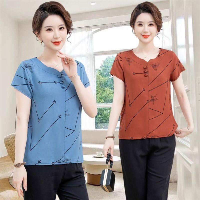Mom's New Chinese Style Plus Size Loose T-shirt: Stylish Summer Short-Sleeved Top for Middle-Aged Women