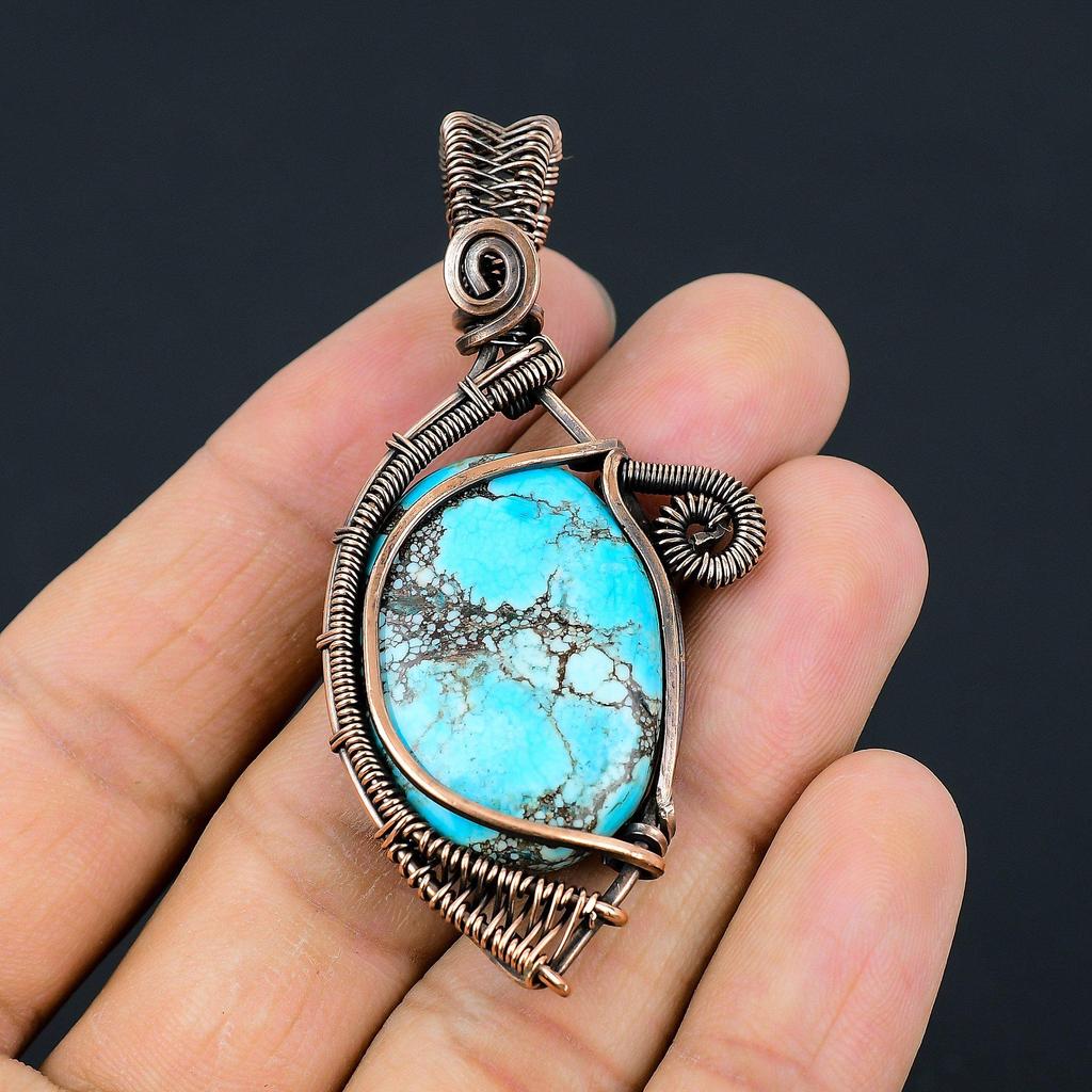 Tibetan Turquoise Gemstone Copper Wire Wrap Pendant Jewelry Gift For Love