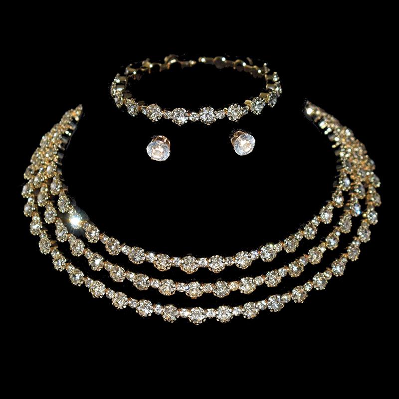 Gold & Silver Rhinestone Jewelry Set: Choker, Bracelet, Stud Earrings, & Necklace