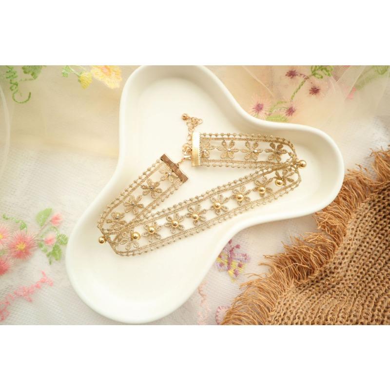 Korean Vintage Gold Lace Hollow Flower Beaded Choker Necklace For Women