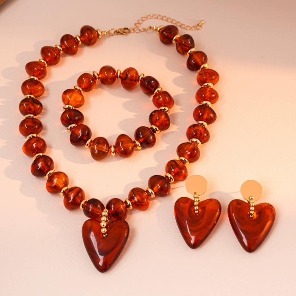 Vintage Amber Resin Heart Acrylic Pendant Earrings Necklace New Handmade Creative Geometric Bracelet Jewelry Set for Women Gifts