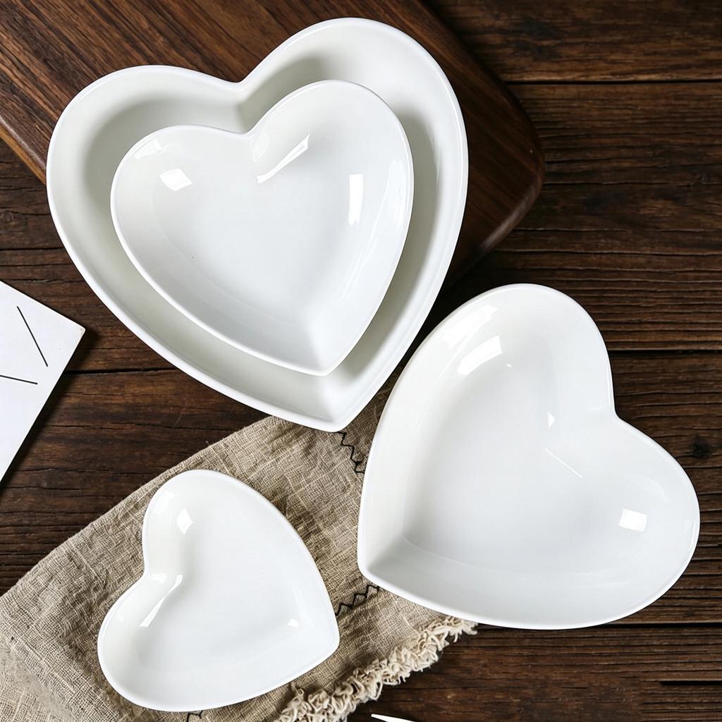 Pure White Heart-Shaped Ceramic Bowl and Plate Set - Ideal for Fruit, Salad, Sauce, Baking, and Soup.