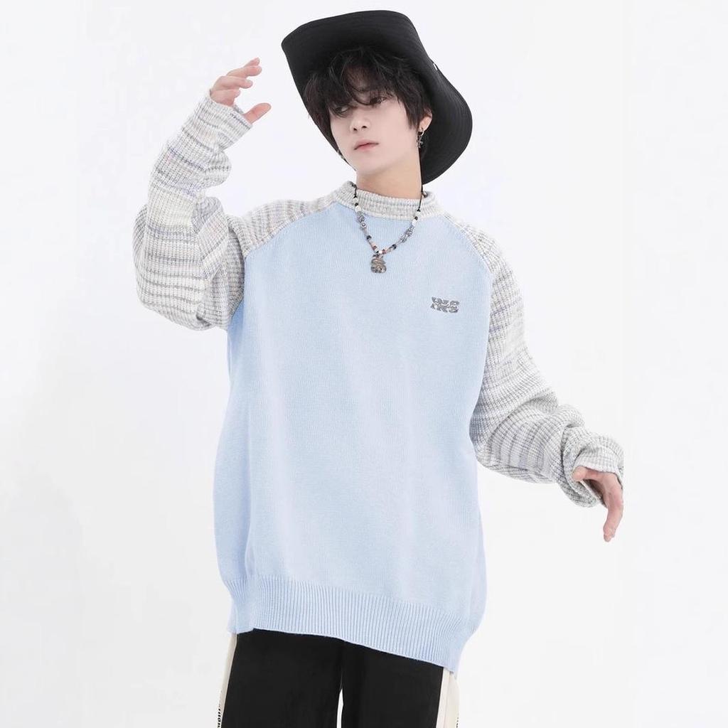 Unisex High-End Color Block Round Neck Sweater – Soft, Glutinous Knit with a Trendy, Relaxed Style