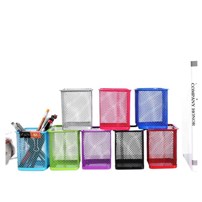 Wrought Iron Color Round Grid Metal Square Hollow Pen Holder Student Stationery Desktop Office Supplies Storage Ornament