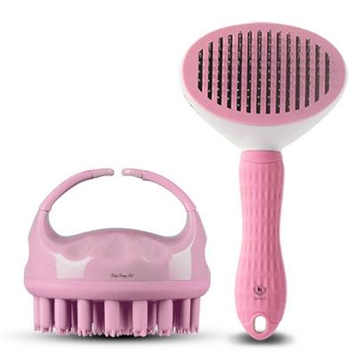 Dingdong Pet Haustier Runde Shampoo Massagebürste + Push One-Touch Pin-Bürsten Set, Rosa, 1 Set, Koreanisches Haustiershampoo