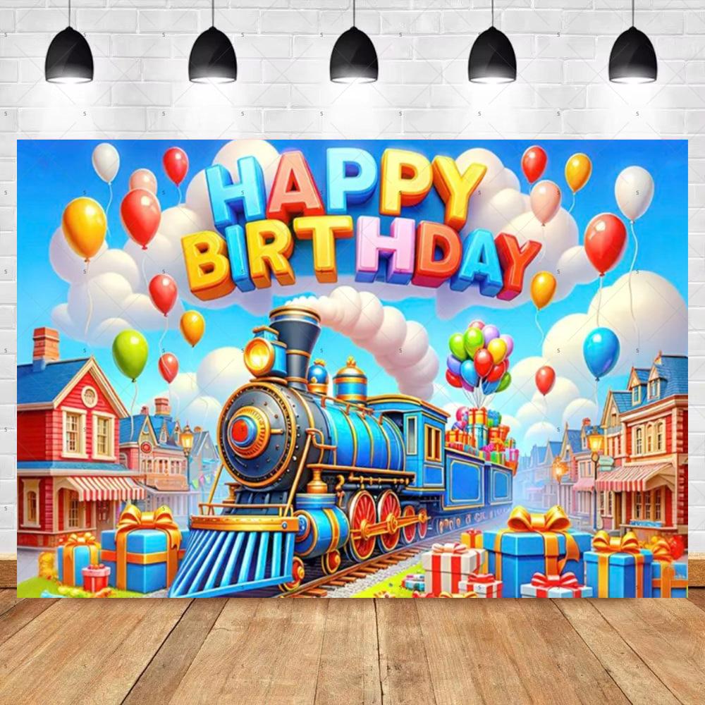 Cartoon Train Theme Birthday Party Decoration Number Balloons Cake Topper Transportation Vehicles Backdrop Banner Party Supplies