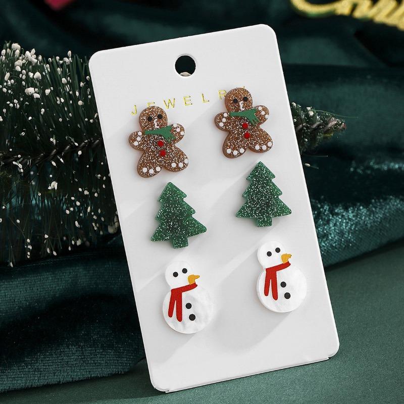 Pair Christmas Combination Stud Earrings Set Earrings Snowman Gingerbread Man Christmas Tree Ear Ornament Earrings