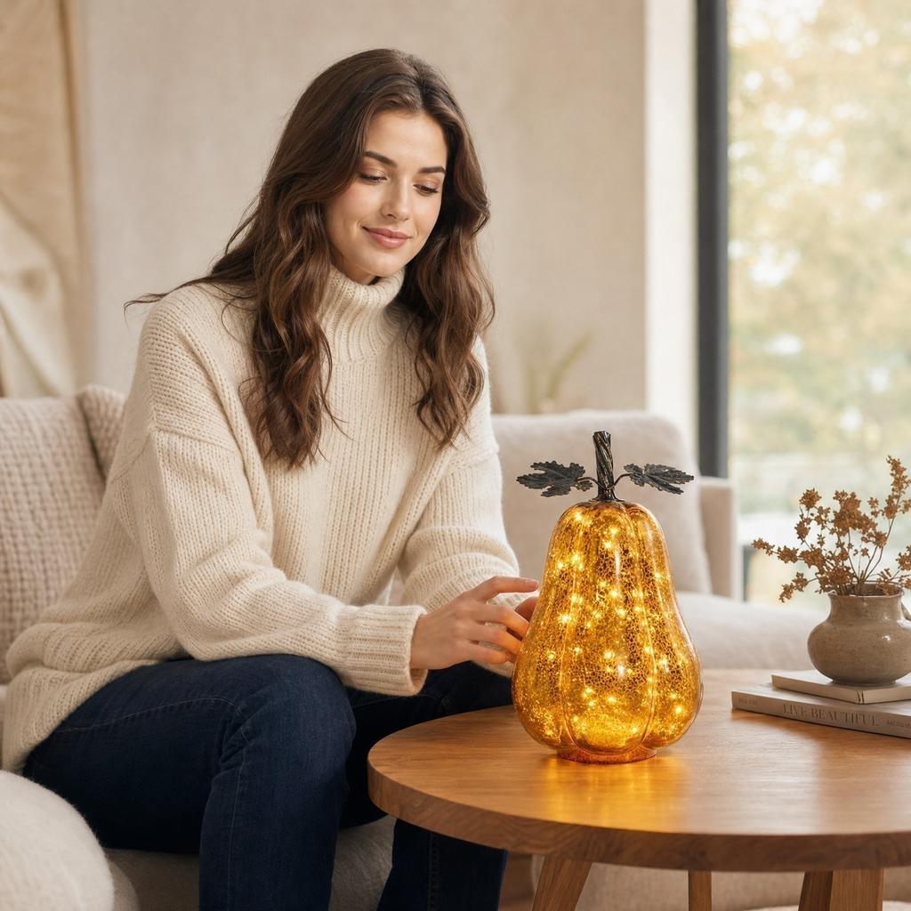 Glas Kürbis Licht Dekoration für Halloween Heim Atmosphäre Innen Tischdeko Akzent mit LED Lichtern und Metallblättern Design